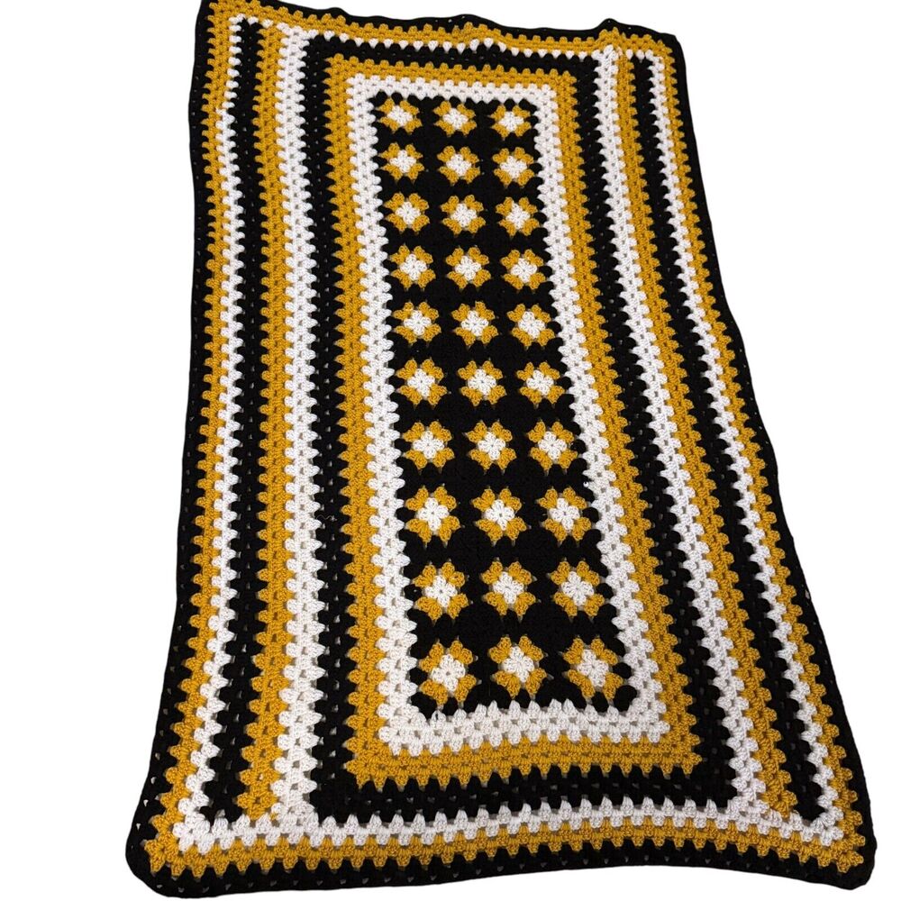 62x38" Handmade Vintage Black Yellow Crochet Granny Square Afghan Blanket Throw